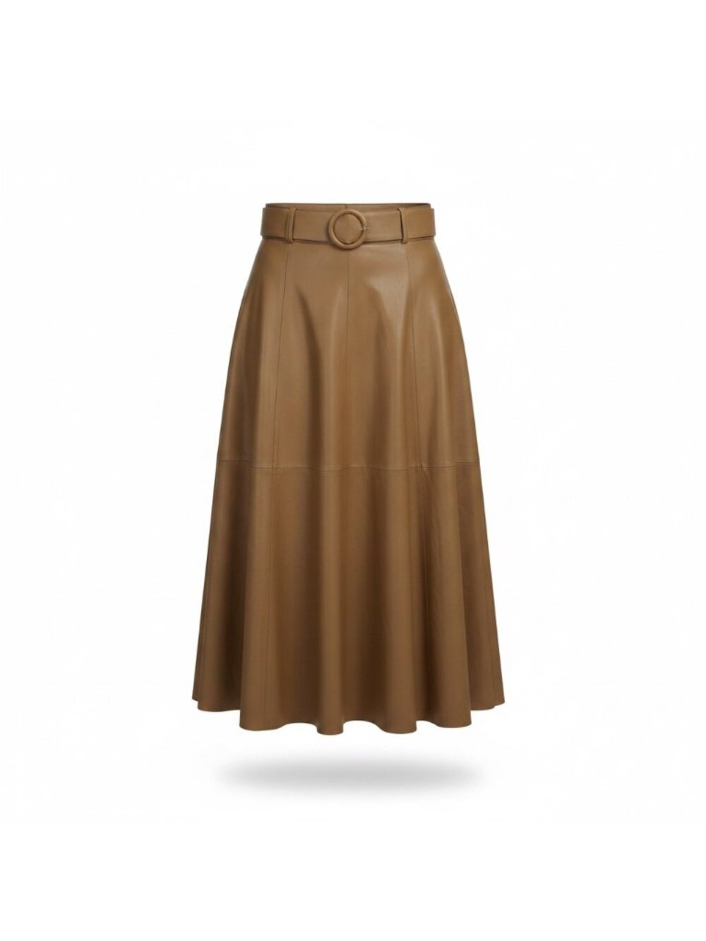 Zara Womens Tan Faux Leather Belted A-Line Midi Skirt Stylish Flared Design Sz S